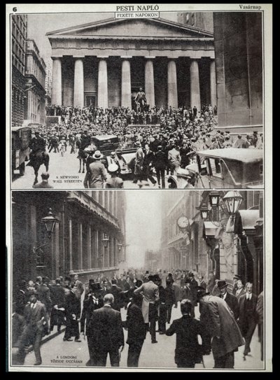 上：ウォール街の黒い日々、下：1929年の大暴落時のロンドンの証券取引所（『ペスティ・ナプロ』より 作： Unknown photographer
