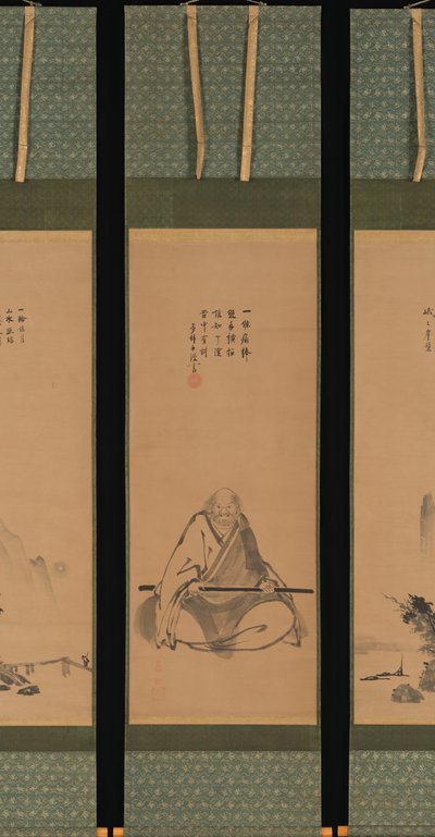1620 年代後半から 1644 年にかけて描かれた、瞑想用の杖を備えた禅師と中国風の風景画。 作： Unkoku Toeki