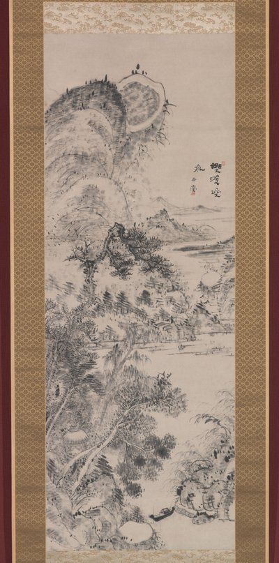 荒野の交差点での空のフェリー、1800年頃（紙にインク） 作： Uragami Gyokudo