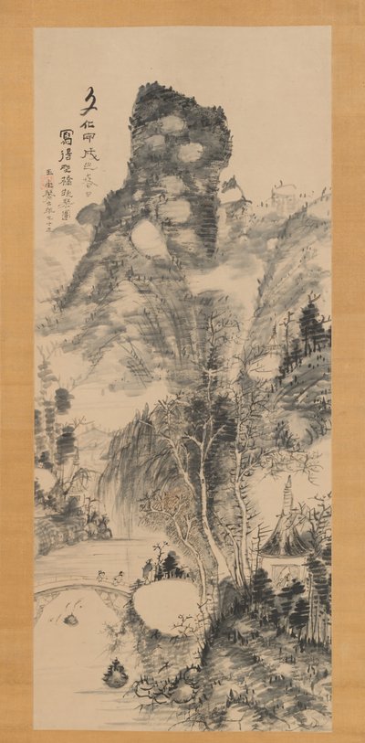 素朴な橋で、Zitherを運ぶ、Yakyo hokin zu、1814。 作： Uragami Gyokudo