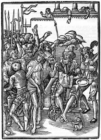 ポンティウス・ピラト（Pontius Pilatius）の前のキリスト。1514年のウルス・グラーフのXylography。個人蔵。ミラノ 作： Urs  Graf