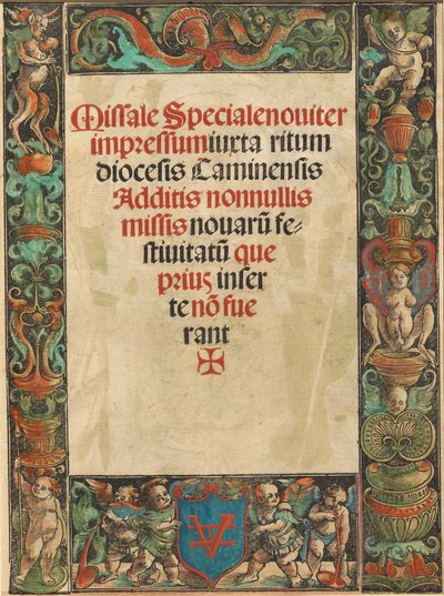 ミサ典書のタイトル ページ、サテュロスとプッティ ボーダー [裏面]、c。 1511年。 作： Urs Graf