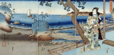 須磨浜で見ている光源氏（三連祭壇画） 作： Utagawa  Hiroshige and Kunisada
