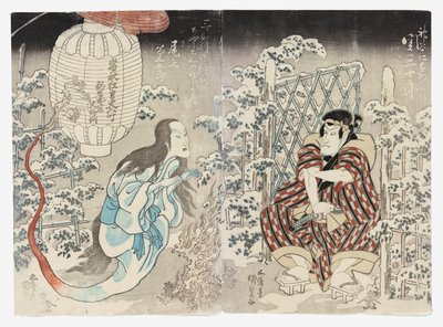 二代目関三樹郎が神谷仁右衛門、三代目尾上菊五郎が上方の提灯お化けに扮し、三都で拍手喝采を浴びる。 作： Utagawa (1786 1865) Kunisada