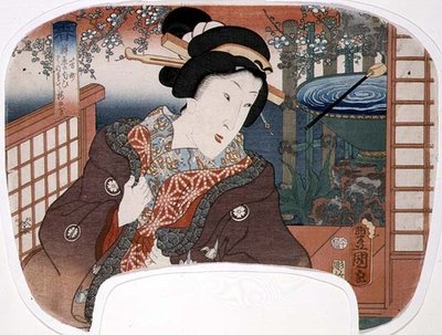 春 吉兆 庭の芸者 四季折々の扇子の図案 作： Utagawa Kunisada