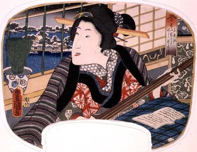 冬・不忍池 芸者の唄の稽古 四季折々の扇子の図案 作： Utagawa Kunisada