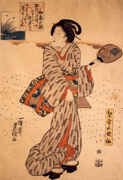 歌川国貞作「硬い扇を持つ女」木版画、錦絵技法 作： Utagawa Kunisada