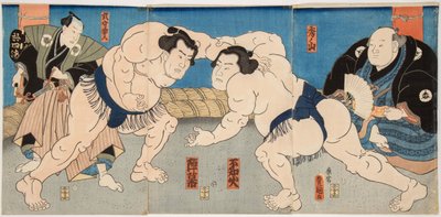 相撲の不知火と神武の戦い。Estampe de Utagawa Kunisada (1786-1865), vers 1860 - 国定（三代豊国）、歌川（1786-1865）によるプロレスの試合、不知火対陣幕。カラー木版 作： Utagawa Kunisada