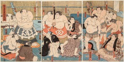 大相撲の力士、設楽部屋と秀ノ山の戦い。歌川国貞（1786-1865）の版画 作： Utagawa Kunisada