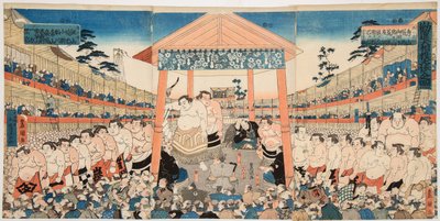 勧進大相撲。歌川国貞（1786-1865）の版画 - 国貞（三代豊国）、歌川（1786-1865）の「勧進大相撲」。カラーウッドカット、1850年頃寸法 : 37,5x75,5 cm.プライベートコレクション 作： Utagawa Kunisada