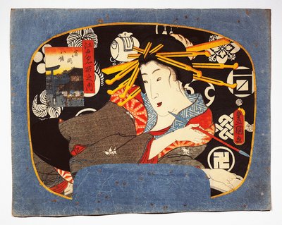 長いパイプを持った花魁、左に見えるのは八幡様です。 作： Utagawa Kunisada