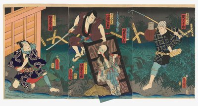 権兵衛直助役の三代目関三十郎（右）、田宮伊右衛門役の八代目片岡仁左衛門（ハ）、お岩の亡霊と小坊主小兵衛の亡霊役の五代目坂東彦三郎（ハ）、佐藤与茂七役の五代目坂東彦三郎（左 作： Utagawa (1786 1865) Kunisada