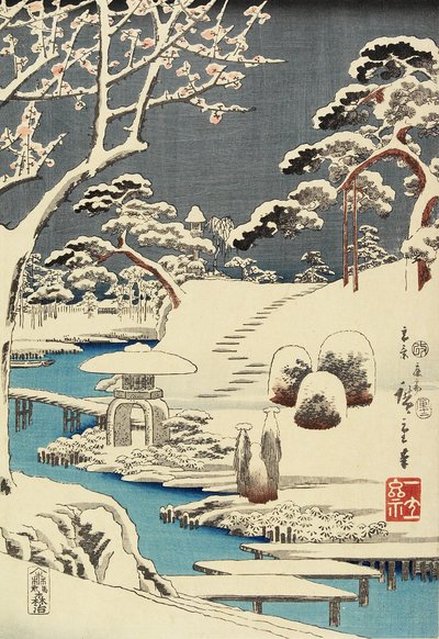 （雪に覆われた庭園）、1854年12月 作： Utagawa Hiroshige