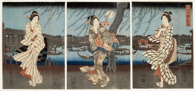 両国での涼しい夏の夜、1848-51（木版） 作： Utagawa Hiroshige