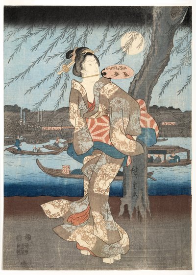 両国での涼しい夏の夜、1848-51（木版） 作： Utagawa Hiroshige