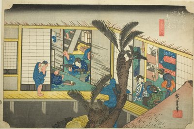 Akasaka: Waitresses at an Inn (Akasaka, ryosha shofu no zu), from the series "Fifty-three Stations of the Tokaido (Tokaido gojusan tsugi no uchi)," also known as the Hoeido Tokaido 作： Utagawa Hiroshige