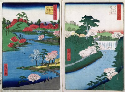 川岸に沿って、「地方の60奇妙な有名な景色」からの2つの眺め、パブ。 Kosheihei by 1853、（color woodblock print） 作： Utagawa Hiroshige