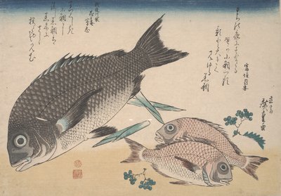 黒鯛、小鯛、アスパラガスの芽、山椒（1830年頃） 作： Utagawa Hiroshige