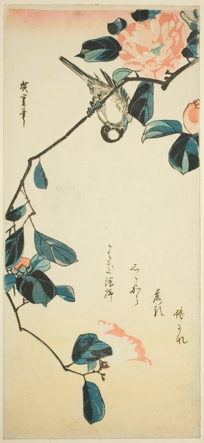 ツバキの枝にウソ 作： Utagawa Hiroshige