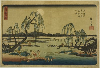 連載「名所雪月花」より 多摩川秋の月あゆりの図 作： Utagawa Hiroshige
