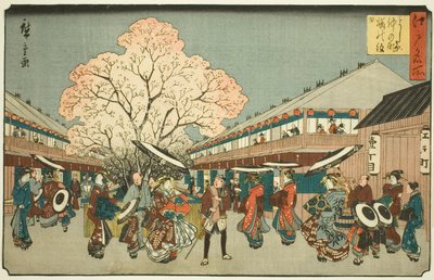 チェッｒｙ Ｂぉっ粗ｍ だｙ 音 テェ 中のチョ おｆ テェ 吉原 （吉原 中のチョ 桜 の 門日）、 ｆろｍ テェ セリエｓ ”ファもうｓ Ｐァ背ｓ 員 江戸 （江戸 名所）” 作： Utagawa Hiroshige