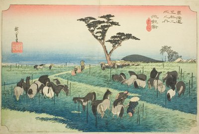 Chiryu: Early Summer Horse Market (Chiryu, shuka uma ichi), from the series "Fifty-three Stations of the Tokaido (Tokaido gojusan tsugi no uchi)," also known as the Hoeido Tokaido 作： Utagawa Hiroshige