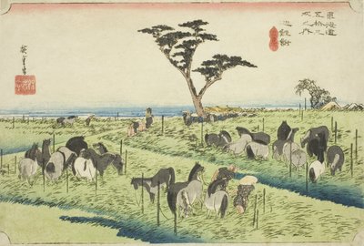 Chiryu: Early Summer Horse Market (Chiryu, shuka uma ichi), from the series "Fifty-three Stations of the Tokaido (Tokaido gojusan tsugi no uchi)," also known as the Hoeido Tokaido 作： Utagawa Hiroshige