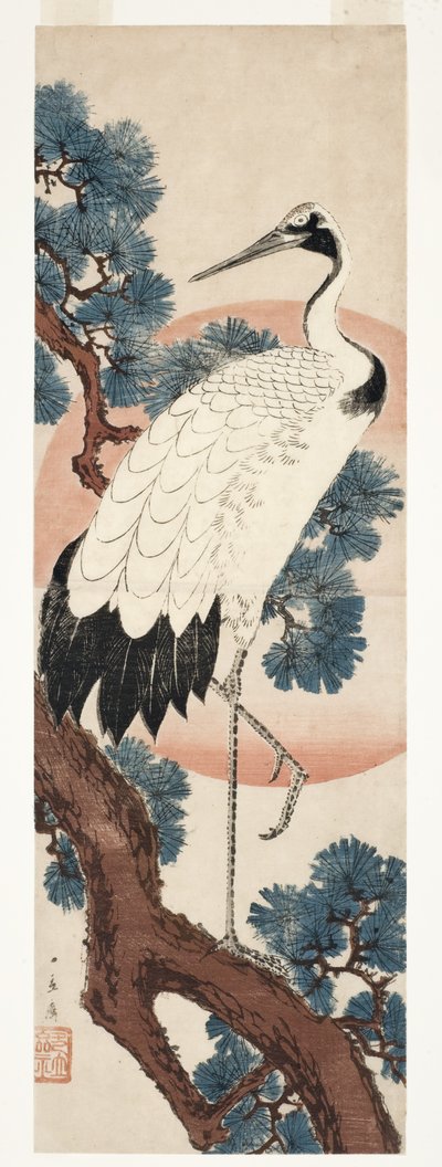 日の出松の木の鶴、1850-55（木版） 作： Utagawa Hiroshige