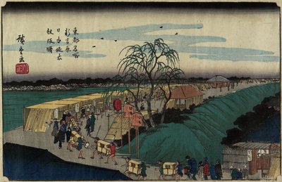 日本堤銀行絵文字坂の夜明け、新吉原、c。 1830 作： Utagawa Hiroshige