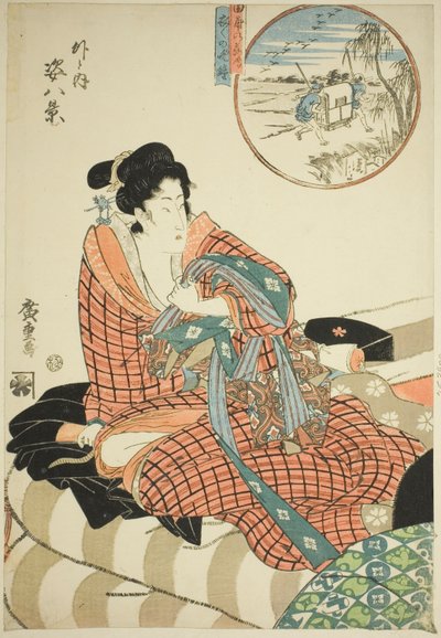 Descending Geese at the Rice Fields (Tanbo no rakugan) and Evening Bell of the Morning After (Kinuginu no bansho), from the series "Eight Views of Figures Inside and Outside (Soto to uchi sugata hakkei)"   1294536   ja       japanese Successfully Translate 作： Utagawa Hiroshige