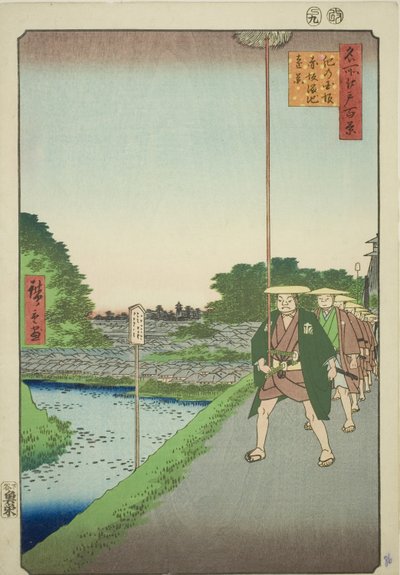 Distant View of Akasaka Reservoir from Kinokuni Slope (Kinokunizaka Akasaka Tameike enkei), from the series "One Hundred Famous Views of Edo (Meisho Edo hyakkei)" 作： Utagawa Hiroshige