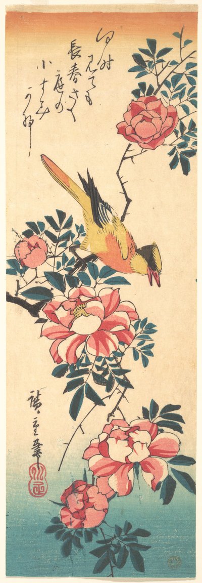 Östliche Grauwasserstelze und Rose 作： 歌川広重