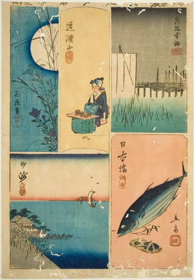 Eitai Bridge, Nihon Bridge, Susaki, Flower Garden, and Dokan Hill (Eitaibashi, Nihonbashi, Susaki, Hanayashiki, Dokanyama), from the series "Cutouts of Famous Places in Edo (Harimaze Koto meisho)" 作： Utagawa Hiroshige