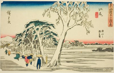 Ejiri: Distant View of Shimizu Harbor in Clear Weather after Snowfall (Ejiri, Shimizu no minato enbo, yukibare), from the series "Fifty-three Stations of the Tokaido (Tokaido gojusan tsugi no uchi)," also known as the Gyosho Tokaido 作： Utagawa Hiroshige