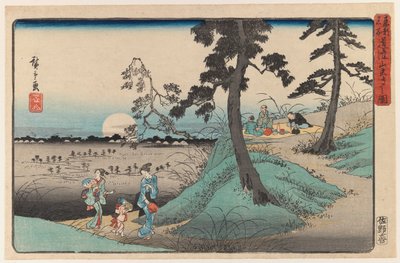 江戸の眺望シリーズから月夜のドカンザナで虫を楽しむ（木版印刷） 作： Utagawa Hiroshige