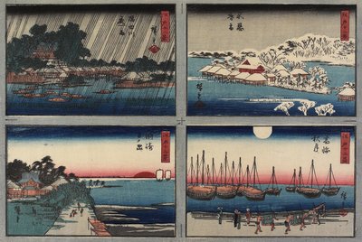 不忍の夕雪、高輪の秋の月、須崎の日の出、隅田川の夜雨、1843-1847 作： Utagawa Hiroshige