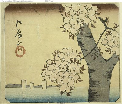 御殿の丘の花（御殿山、花）、シリーズ「名所江戸名所切絵（はりまぜことめいしょう）」の一部 作： Utagawa Hiroshige