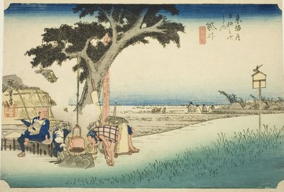 Fukuroi: Tea Stall (Fukuroi, dejaya no zu), from the series "Fifty-three Stations of the Tokaido (Tokaido gojusan tsugi no uchi)," also known as the Hoeido Tokaido 作： Utagawa Hiroshige