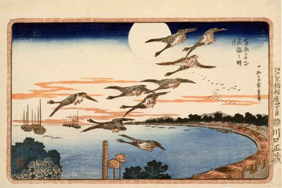 高輪の満月、江戸の東の首都の有名な場所から、1832年頃（木版カラープリント） 作： Utagawa Hiroshige