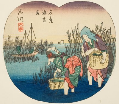 Gathering Seaweed at Omori in Shinagawa (Shinagawa, Omori, meisan nori tori), section of sheet no. 1 from the series "Cutout Pictures of the Tokaido Road (Tokaido harimaze zue)" 作： Utagawa Hiroshige