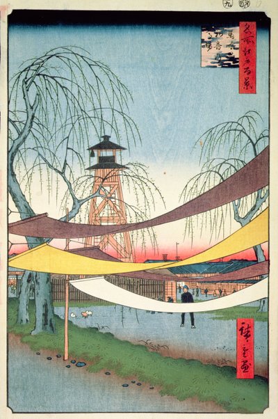 初音乗馬場、馬喰町、江戸百景6号、1857年（版木カラープリント） 作： Utagawa Hiroshige