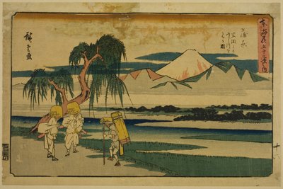 Kanbara: View of the Fuji River from Iwafuchi (Kanbara, Iwafuchi yori Fujikawa o miru zu), from the series "Fifty-three Stations of the Tokaido (Tokaido gojusan tsugi no uchi)," also known as the Gyosho Tokaido 作： Utagawa Hiroshige