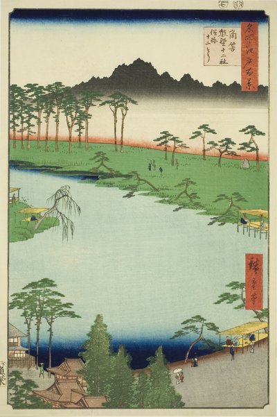 Kumano Junisha Shrine in Tsunohazu, Popularly Known as Juniso (Tsunohazu Kumano Junisha, zokusho Juniso), from the series "One Hundred Famous Views of Edo (Meisho Edo hyakkei)" 作： Utagawa Hiroshige