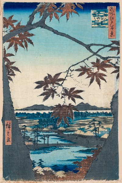 カエデの葉と手こな神社とママの橋、1856-1858。 作： Utagawa Hiroshige