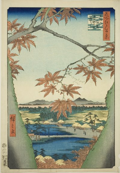 Maple Trees at Mama, Tekona Shrine and Tsugi Bridge (Mama no momiji, Tekona no yashiro, Tsugihashi), from the series "One Hundred Famous Views of Edo (Meisho Edo hyakkei)" 作： Utagawa Hiroshige