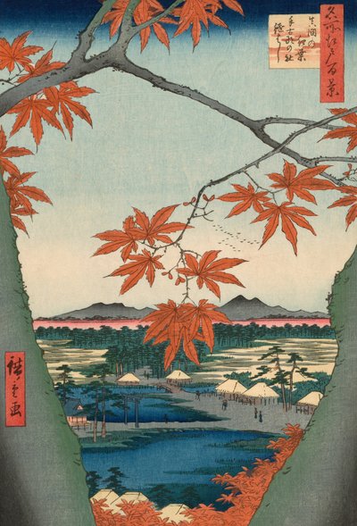 Maple Trees at Mama, Tekona Shrine and Tsugi Bridge (Mama no momiji, Tekona no yashiro, Tsugihashi), from the series "One Hundred Famous Views of Edo (Meisho Edo hyakkei)" 作： Utagawa Hiroshige