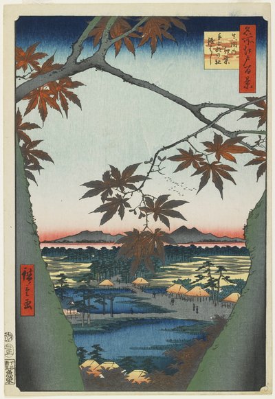 テコナ神社と橋を望むママのカエデの木、1857年1月 作： Utagawa Hiroshige