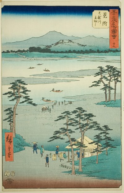 Mitsuke: Ferry on the Tenryu River (Mitsuke, Tenryugawa funewatashi), no. 29 from the series "Famous Sights of the Fifty-three Stations (Gojusan tsugi meisho zue)," also known as the Vertical Tokaido 作： Utagawa Hiroshige
