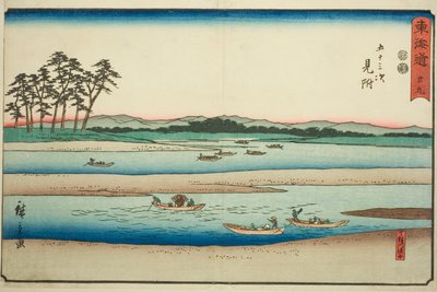 Mitsuke: Ferryboats on the Tenryu River (Mitsuke, Tenryugawa no funawatashi)—No. 29, from the series "Fifty-three Stations of the Tokaido (Tokaido gojusan tsugi)," also known as the Reisho Tokaido 作： Utagawa Hiroshige
