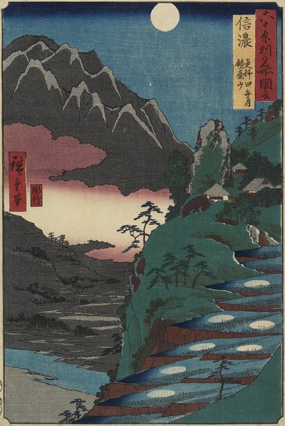 1853年7月、信濃省巨大山麓の水田における月面反射 作： Utagawa Hiroshige